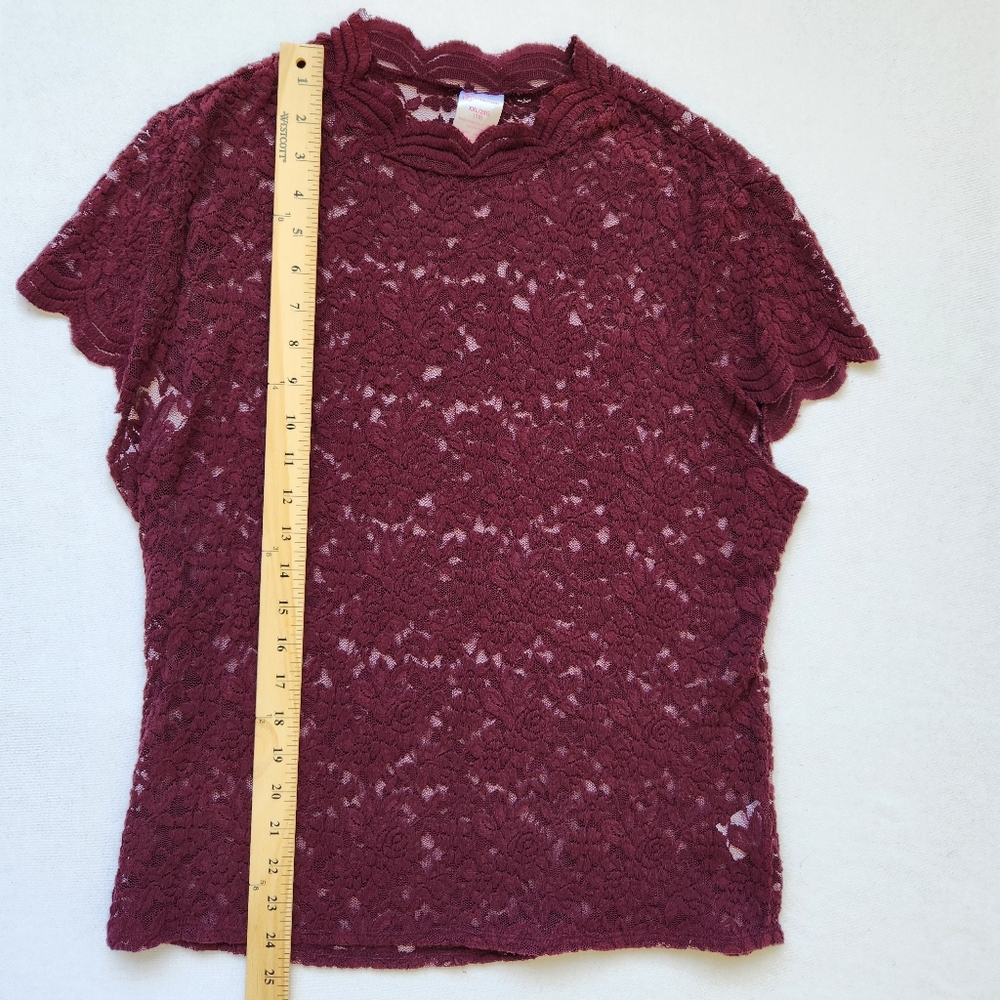 Lace Sheer Top Stretchy Whimsigoth Short Sleeve Maroon Burgundy Oxblood Pretty - Picture 14 of 14